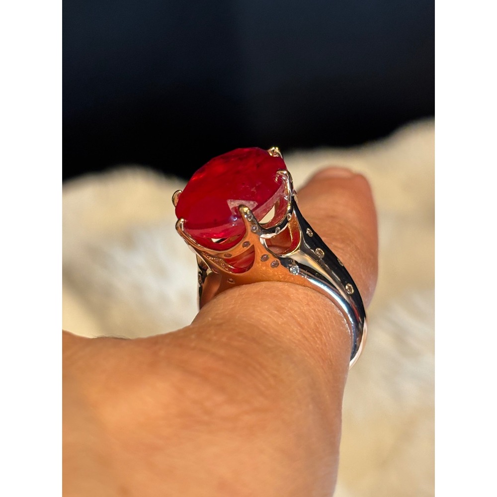 Rose Gold Tone Large Oval Red Gemstone Statement Ring with Crystal Accents